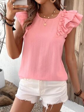 RUFFLE Sleeve Summer Pink Blouse — Women's Sleeveless Top
